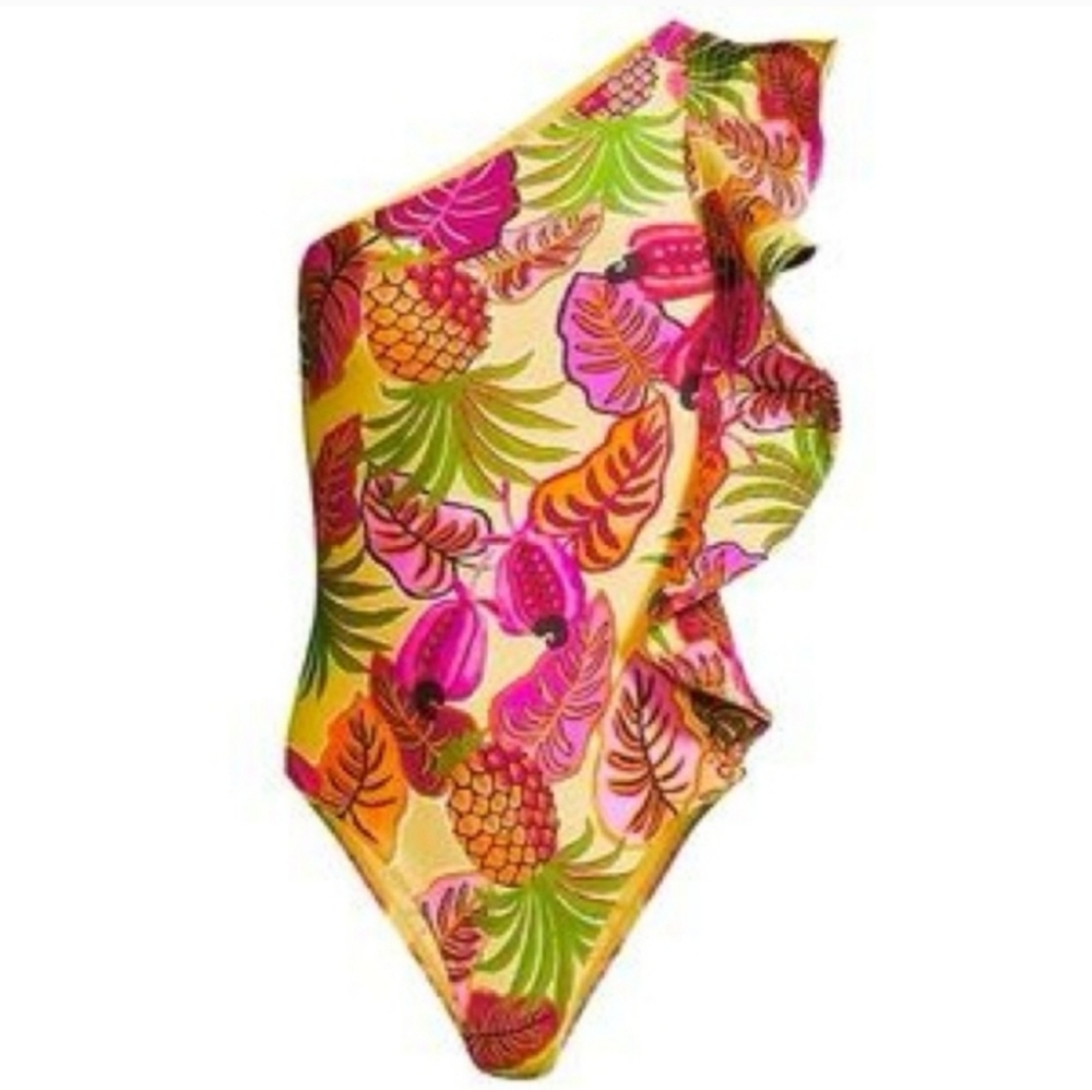 FARM RIO Tropical Dreams One-Shoulder Side Ruffle One Piece Swimsuit NWT